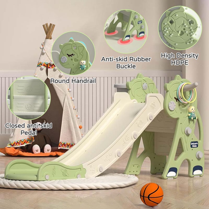 Sephyroth Kids Slide for Toddler - 4 in 1 Indoor Plastic Freestanding Slide for Toddler Outdoor Playground Climber Slide Playset with Basketball Hoop & Ring Game(Unicorn Green) - Image 5